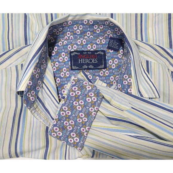 Mens English Heroes Long Sleeve Blue Green Striped Button Down Shirt - Size L - Picture 3 of 7